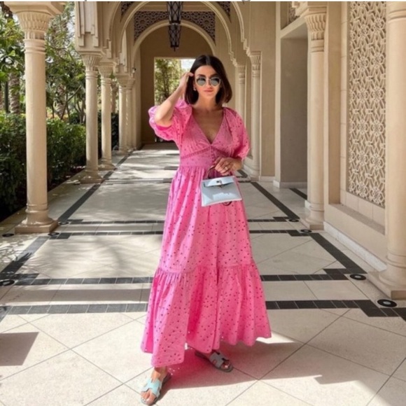 Zara pink tiered eyelet maxi dress NWOT lined open embroidery buttons v neckline - Picture 2 of 9